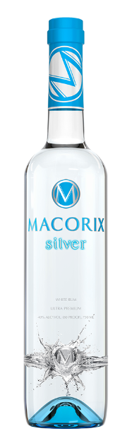 A bottle of macorix silver vodka on a white background
