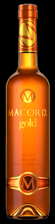 A bottle of macorx gold on a black background