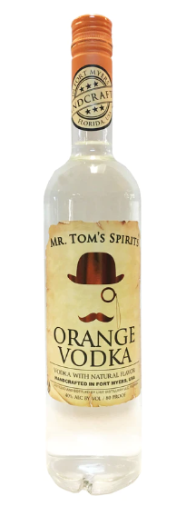 A bottle of orange vodka with a hat and mustache on the label