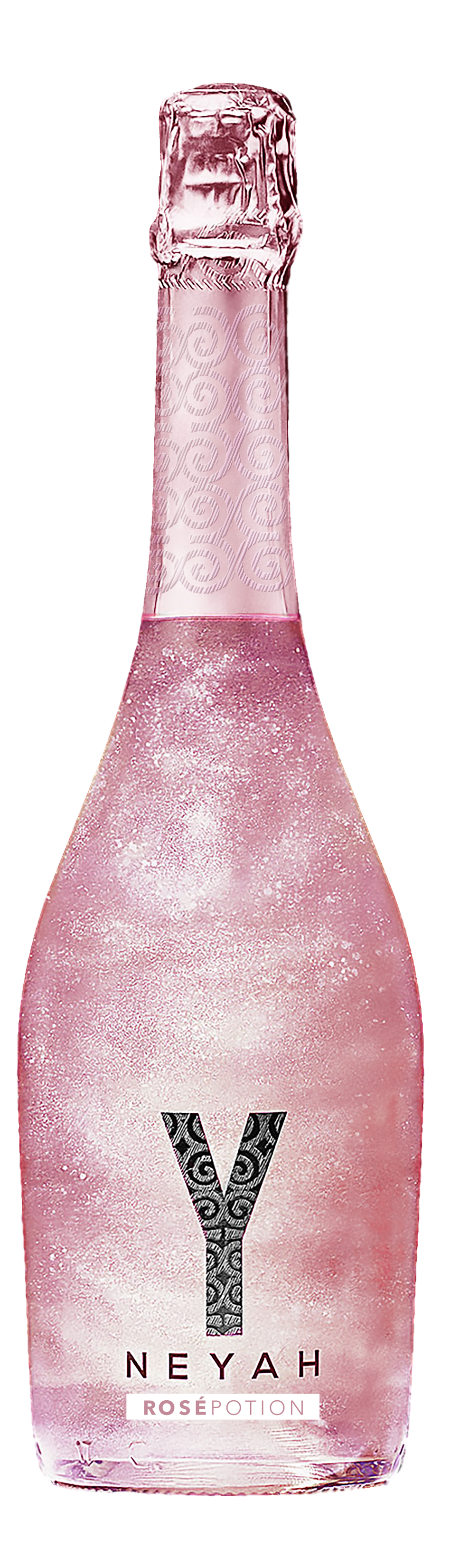 A close up of a pink bottle of y perfume on a white background.