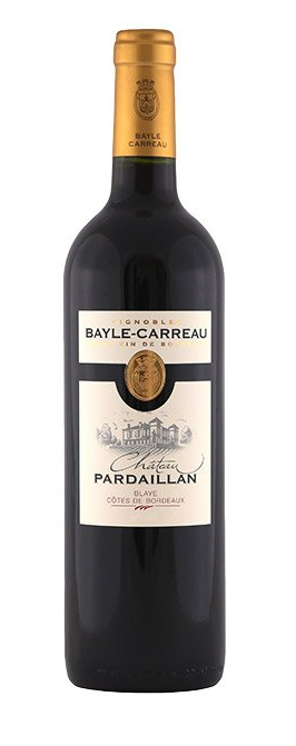 A bottle of red wine with a white label on a white background.