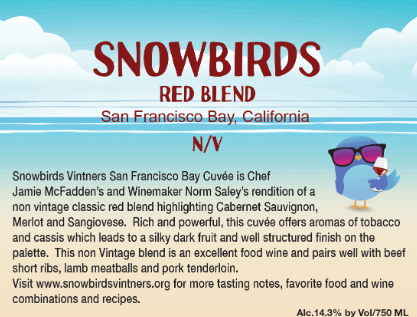 A bottle of snowbirds red blend from san francisco bay california
