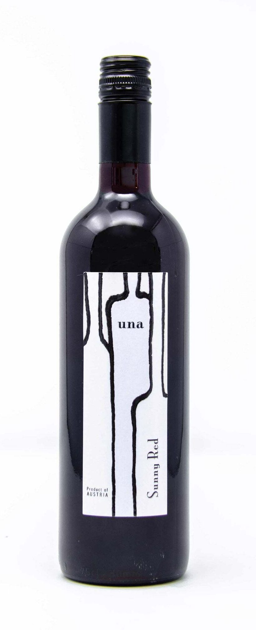 A bottle of red wine with a white label on a white background.