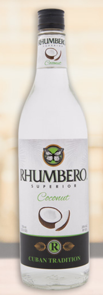 A bottle of rhumbero coconut rum with a coconut on the label