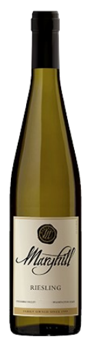 A bottle of riesling wine with a white label on a white background.