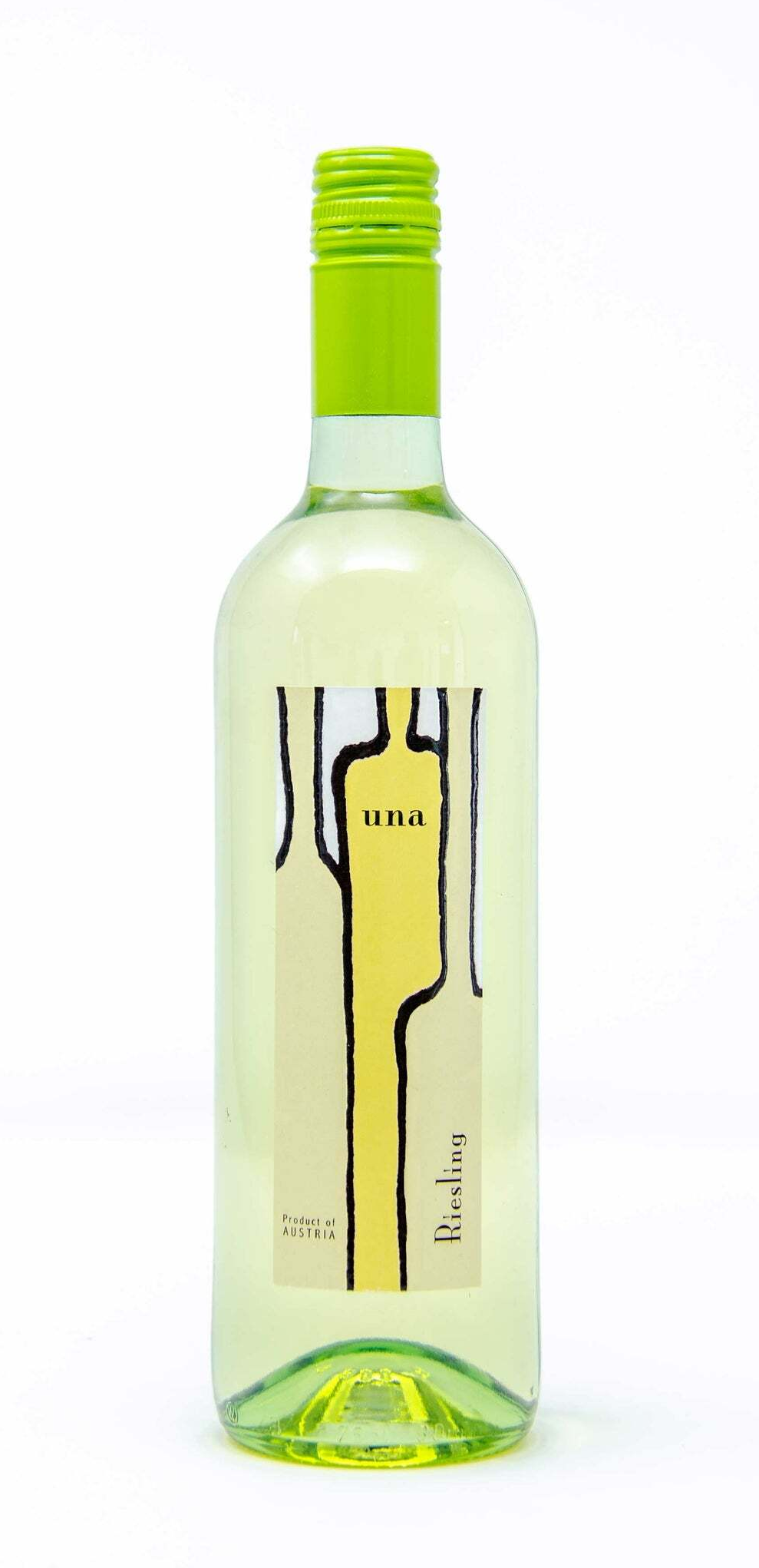 A bottle of white wine with a yellow label on a white background.
