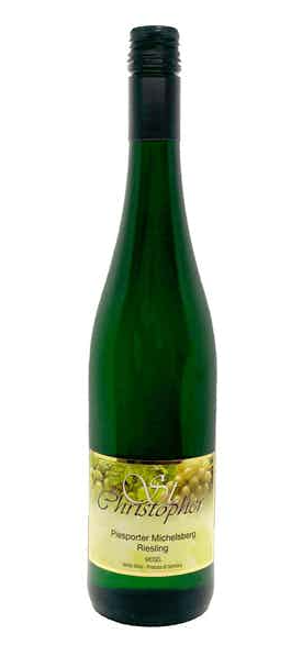 A bottle of green wine with a yellow label on a white background.