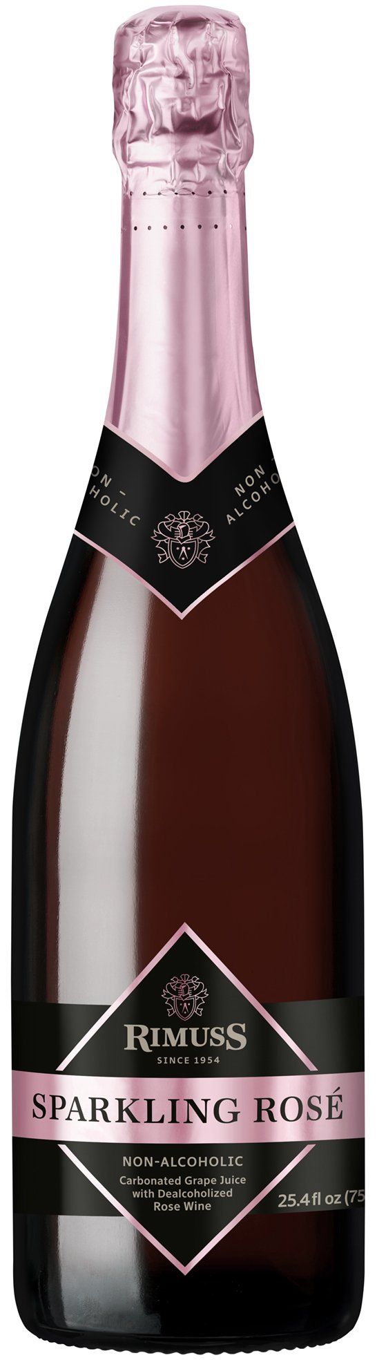 A bottle of sparkling rose wine with a pink cap on a white background.