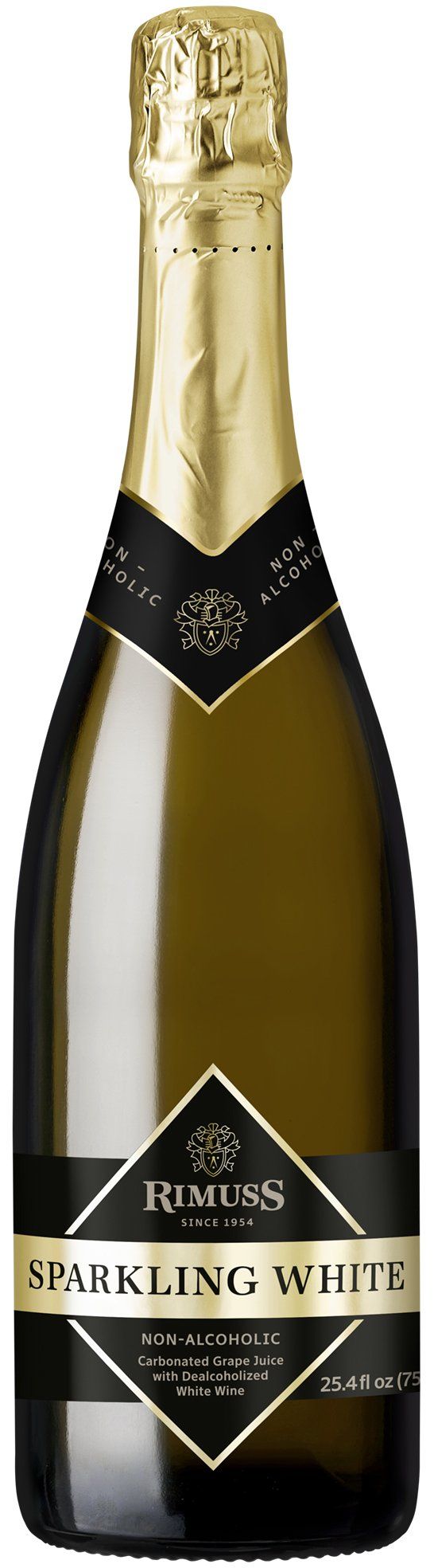 A bottle of sparkling white wine with a black label on a white background.