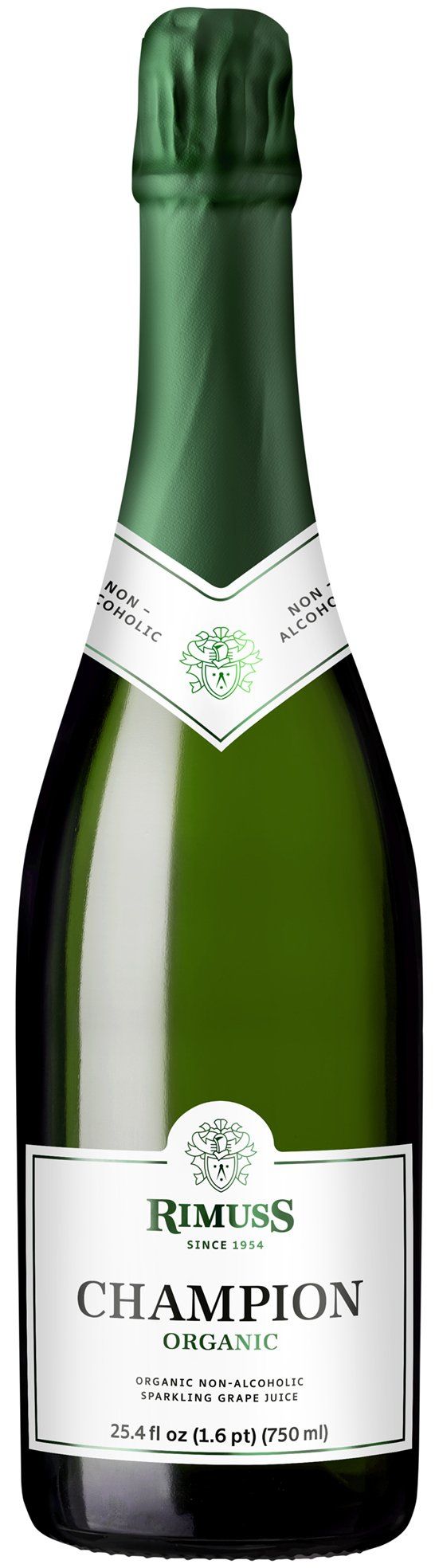 A bottle of champagne with a green cap on a white background.