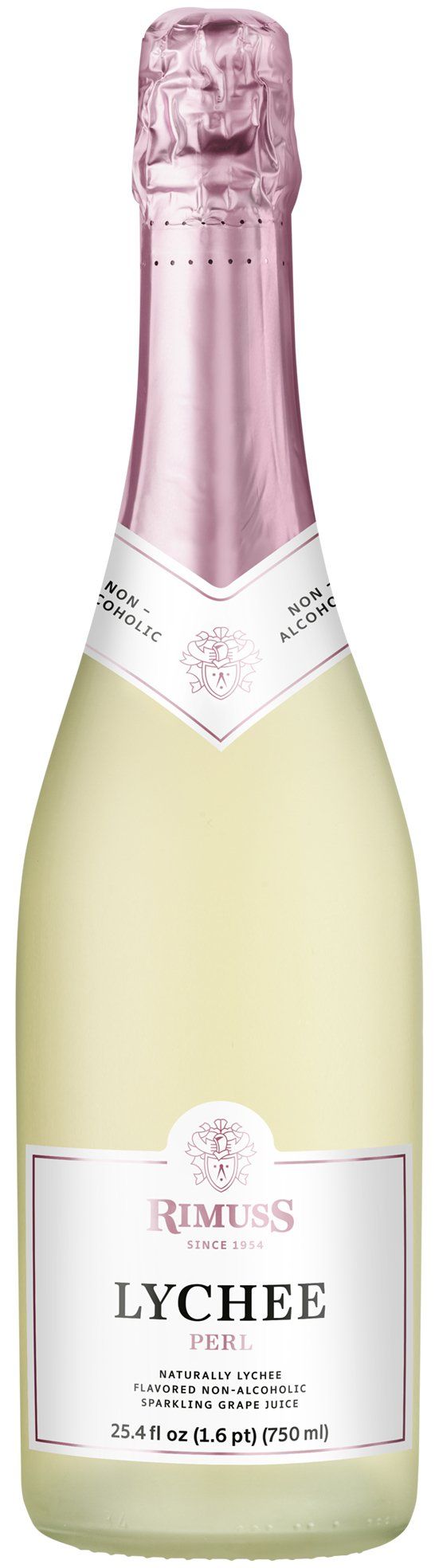 A bottle of champagne with a pink cap on a white background.