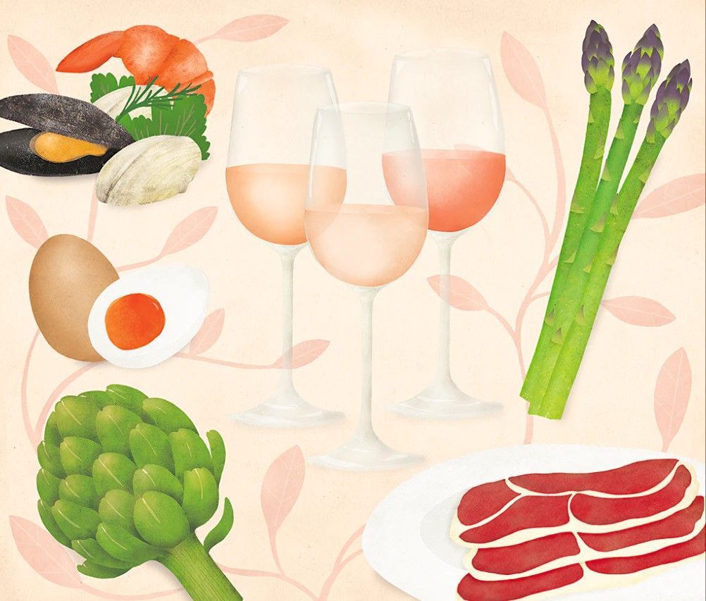 A plate of meat asparagus and wine glasses on a table