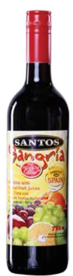 A bottle of santos sangria with a red cap