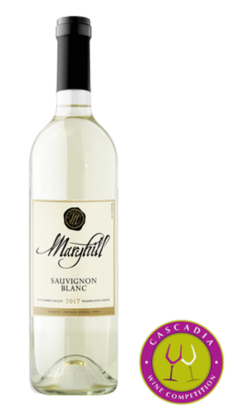 A bottle of marghill sauvignon blanc next to a cascadia wine competition sticker