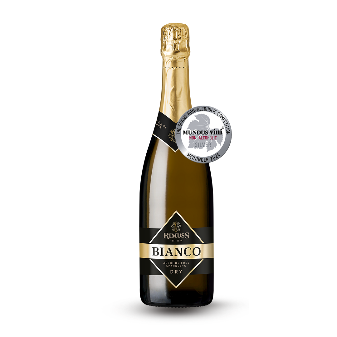 A bottle of bianco sparkling wine is on a white background.
