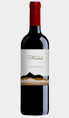 A bottle of red wine with a white label on a white background.