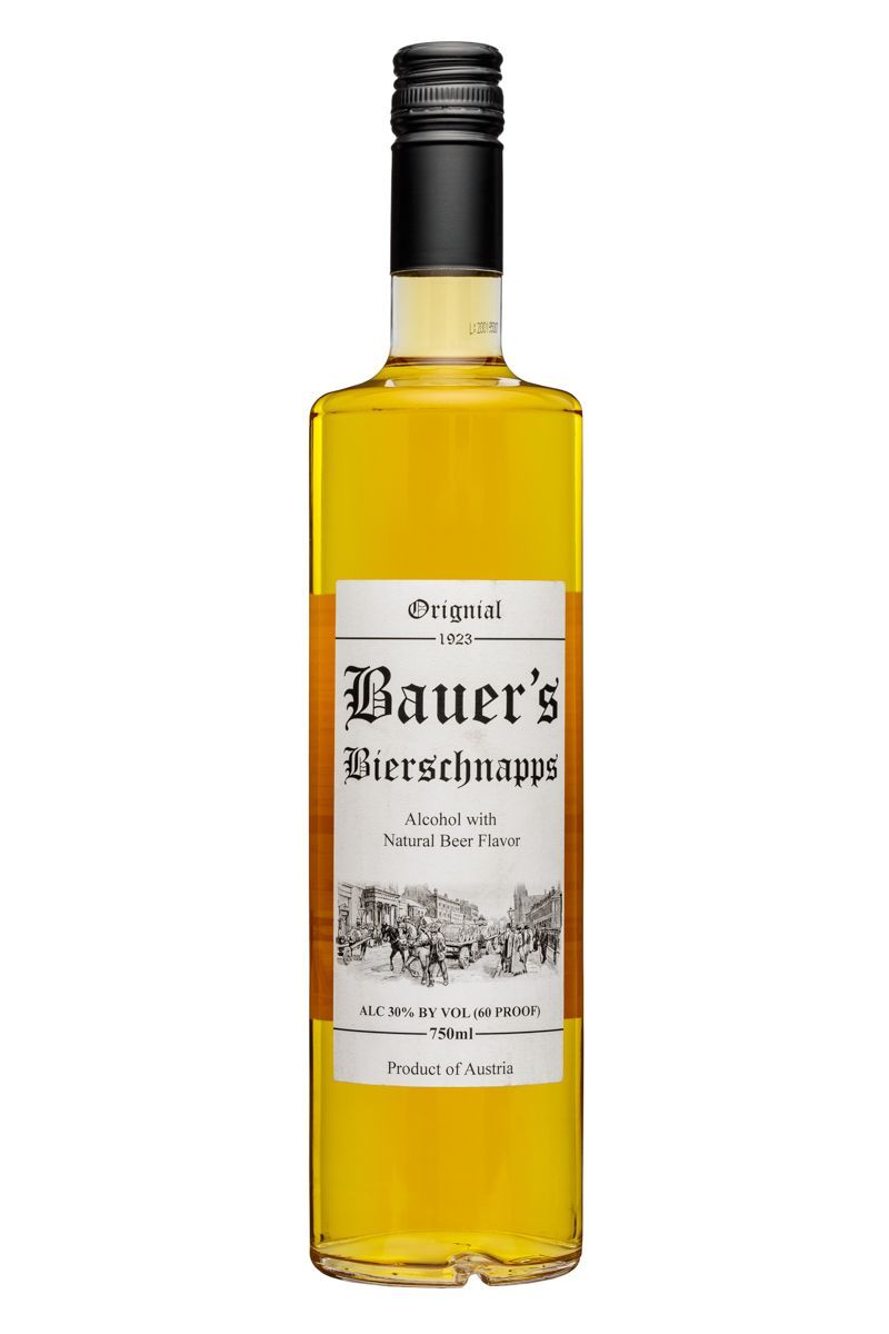 A bottle of bauer 's liquor with a white label