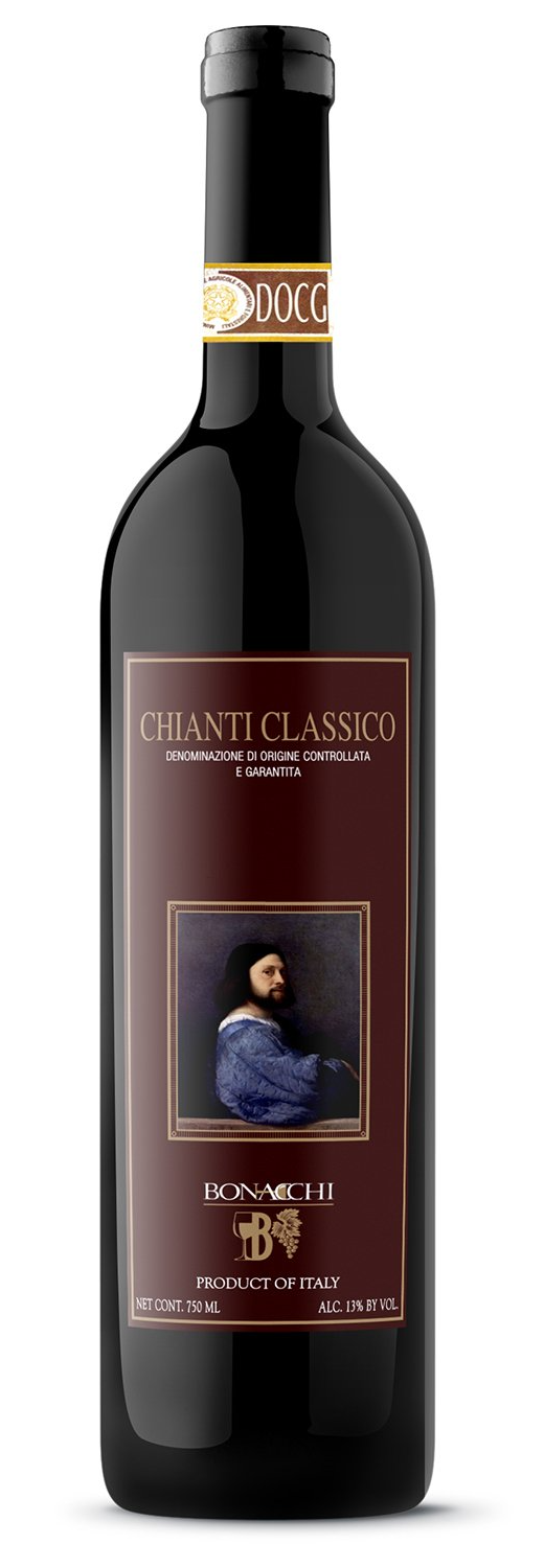 A bottle of red wine with a picture of a man on the label.