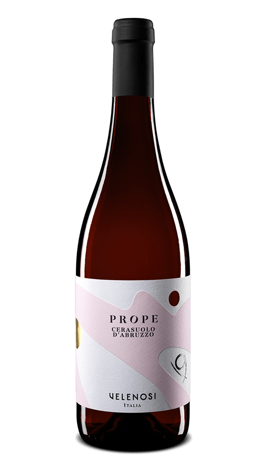 A bottle of wine with a pink label on a white background.