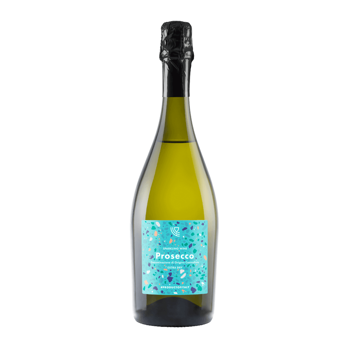 A bottle of prosecco with a blue label on a white background.