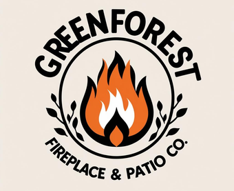 Logo: Greenforest Fireplace & Patio Co. with flames, circle, and leaf accents.