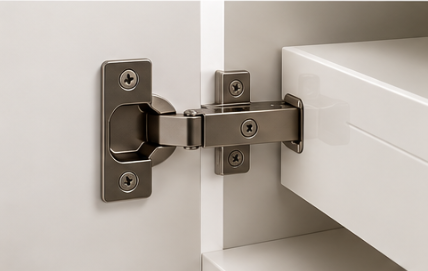 Close-up Of A Silver Cabinet Hinge Connecting A White Drawer To A Light Wall — City Cabinetmakers in Mackay, QLD