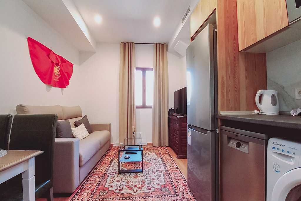 Interior de apartamento pequeño con áreas de estar y cocina, que incluyen sofá, refrigerador y alfombra.