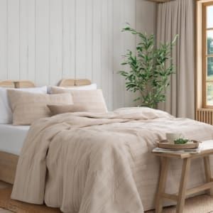 Habitación luminosa de color beige con cama, mesita de noche, planta y rincón junto a la ventana de madera.