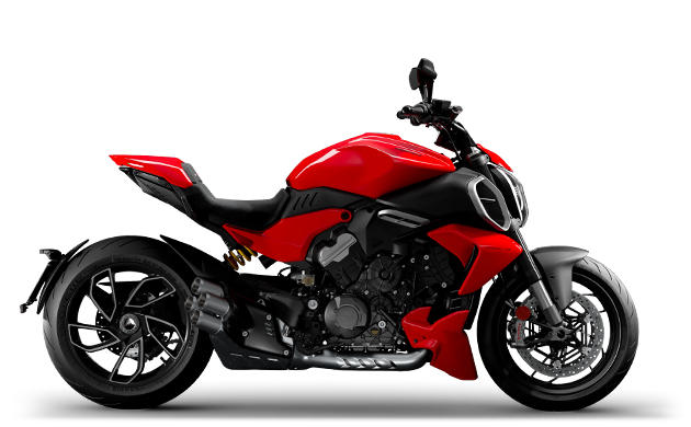 Motocicleta esportiva vermelha sobre fundo branco, vista lateral, com rodas pretas e assento preto.