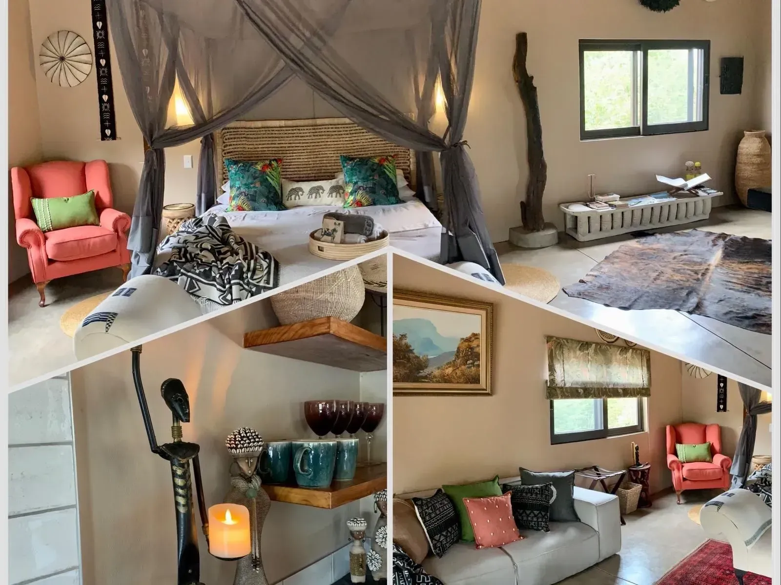 Collage of a Hoedspruit Accommodation bedroom with canopy bed, seating, and decorative shelves, in warm colors.