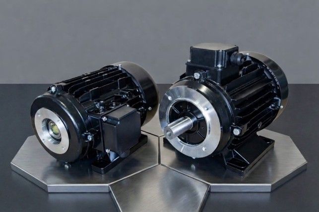 Motori elettrici industriali blu installati su grandi tubi bianchi all'esterno