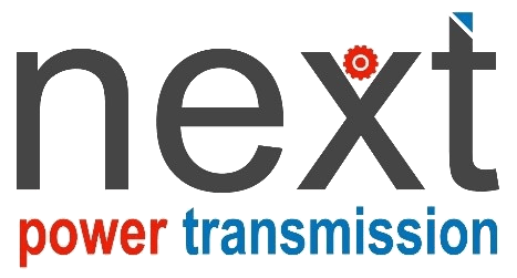 Logo Next Power Transmission in testo nero, rosso e blu con un ingranaggio nella