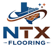 NTX Flooring logo with blue and brown stylized floor graphic over Texas outline