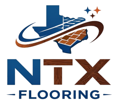 NTX Flooring logo with blue and brown stylized floor graphic over Texas outline