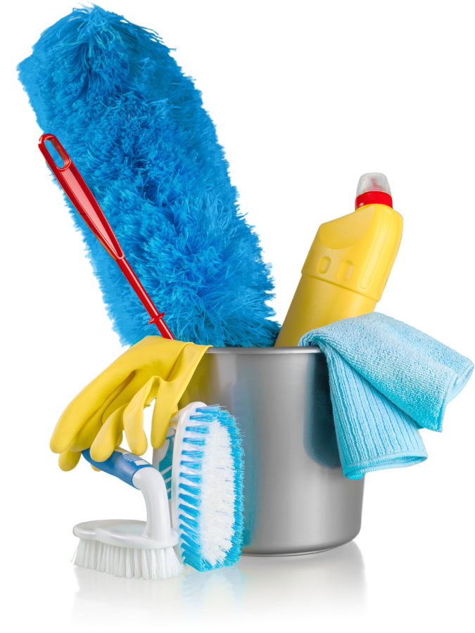 Cleaning supplies in a gray bucket: duster, gloves, brush, spray bottle, and blue microfiber cloth.