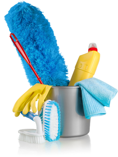 Cleaning supplies in a gray bucket: duster, gloves, brush, cleaning solution, and blue microfiber cloth.