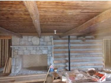 There is a fireplace in the middle of the room.