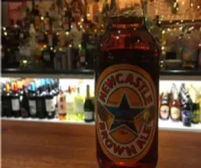 Newcastle Brown Ale bottle on a bar, with other bottles and bar in the background.