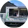 White food truck with an open service window;