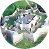 Overhead view of a stone castle with surrounding walls and green grass.