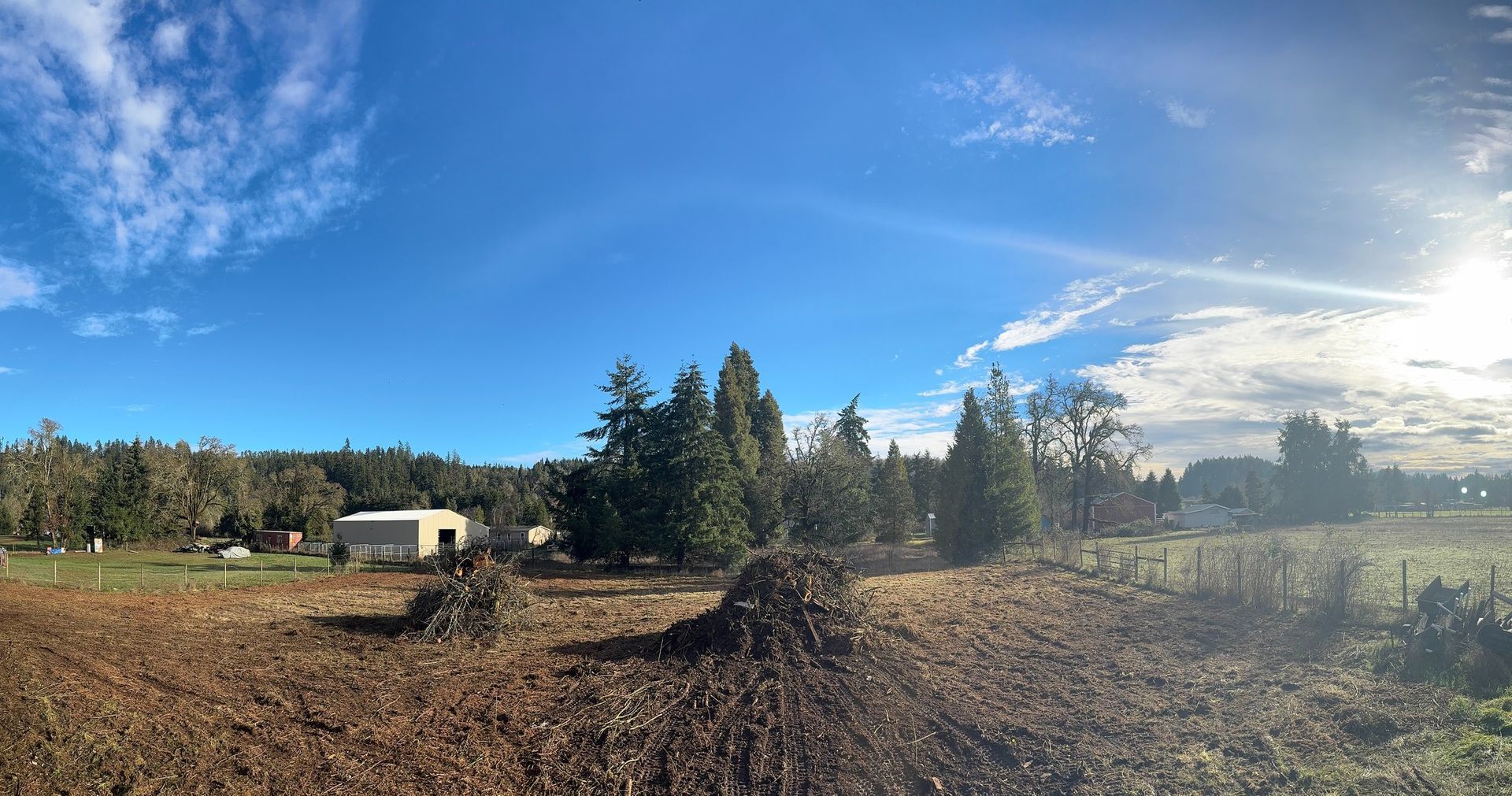 A wide, sunny field of tilled soil with piles of debris, trees in the background, and a bright blue sky.