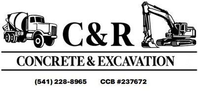 Logo for C&R Concrete & Excavation featuring a concrete mixer truck, an excavator, phone number, and CCB license number.