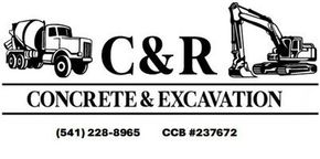 Logo for C&R Concrete & Excavation featuring a concrete mixer truck, an excavator, phone number, and CCB license number.