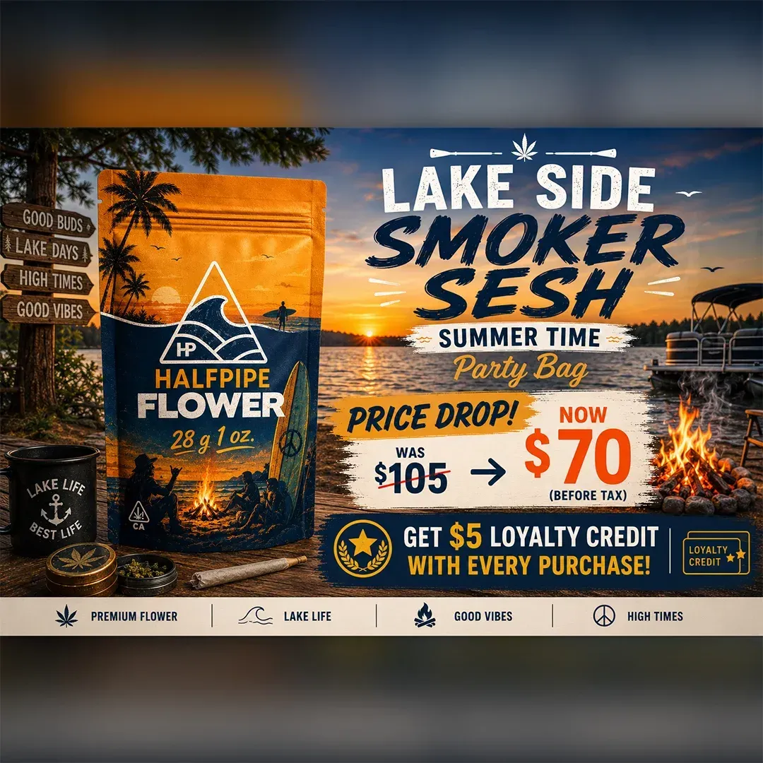 Lake Side Smoker Sale ad featuring Half Pipe Flower and $70 price in orange and navy beach theme