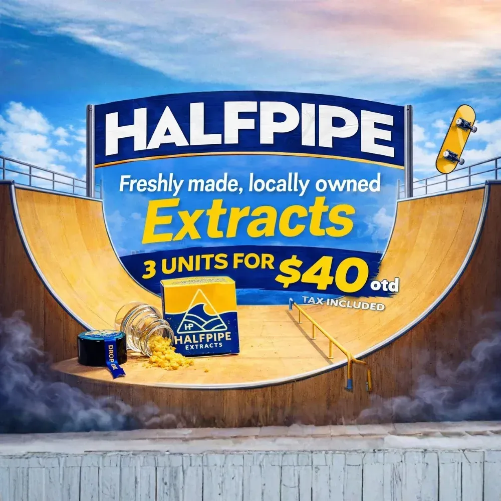 HALFPIPE Extracts ad on a skate halfpipe, blue sky, with a skateboard and bold $40 offer.