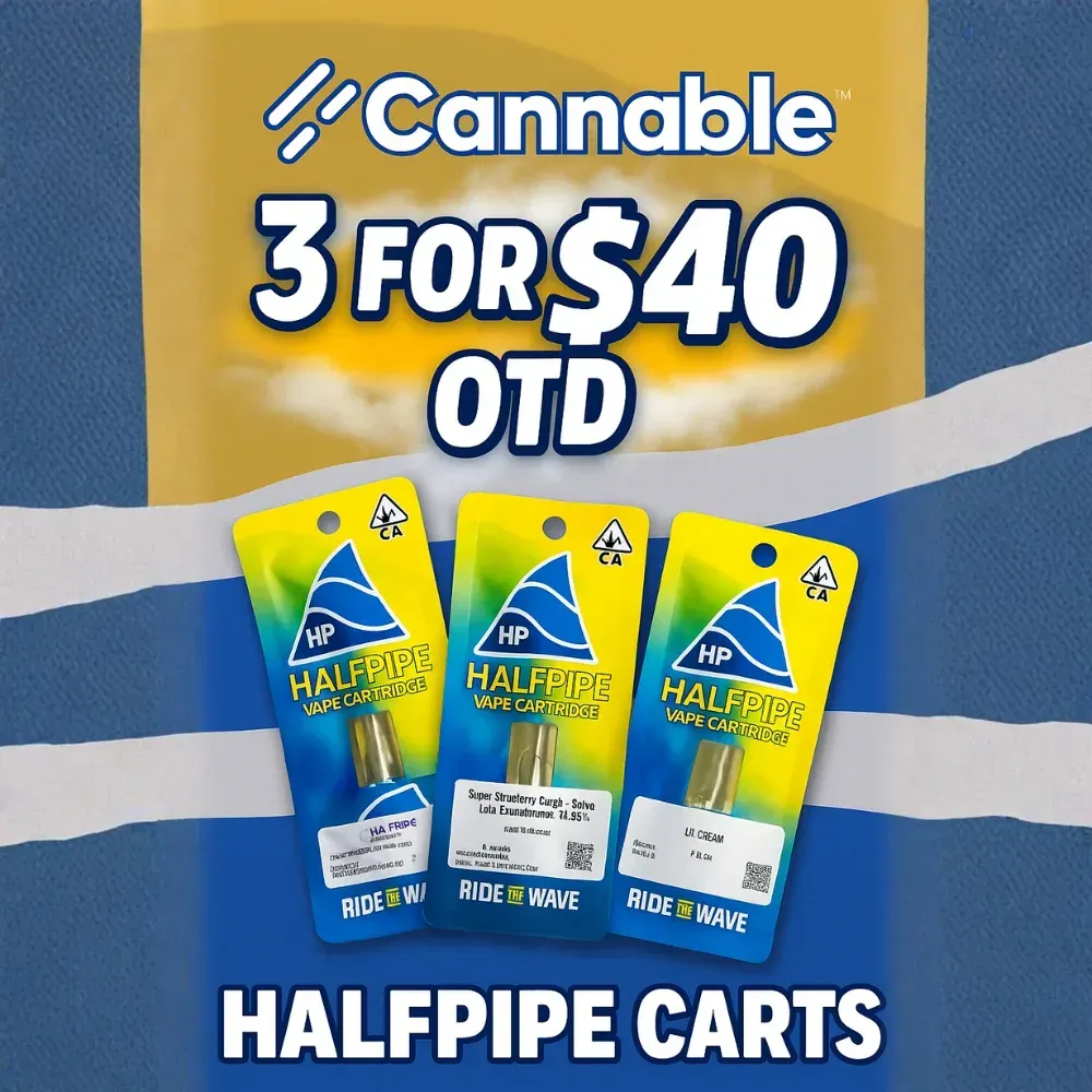 Cannable promo for 3 for $40 OTD with three Halfpipe Carts on a blue and yellow background
