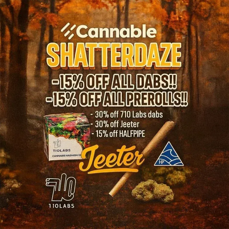 Cannable Shatterdaze cannabis sale ad with orange forest background and discount text