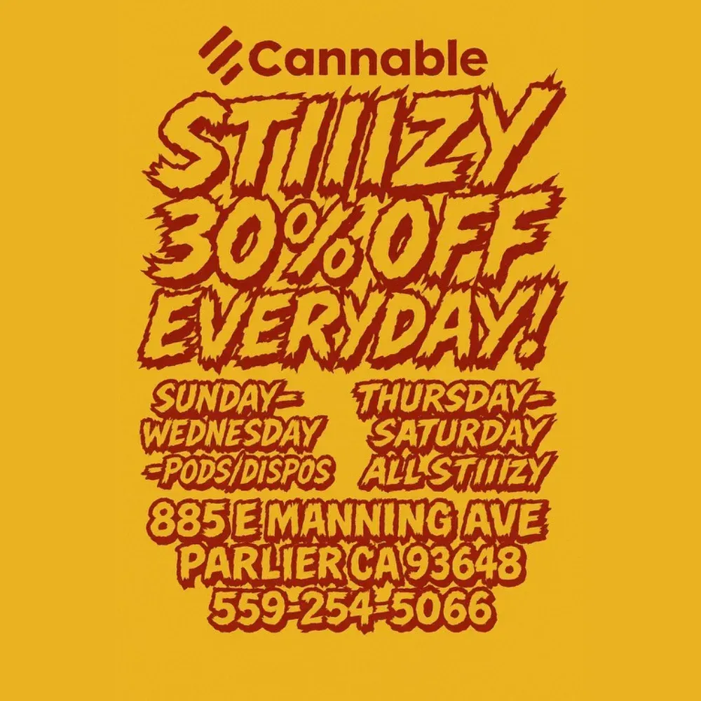 Promotional flyer with burning cigars, reading “Every Saturday,” “15% off all pre-rolls”