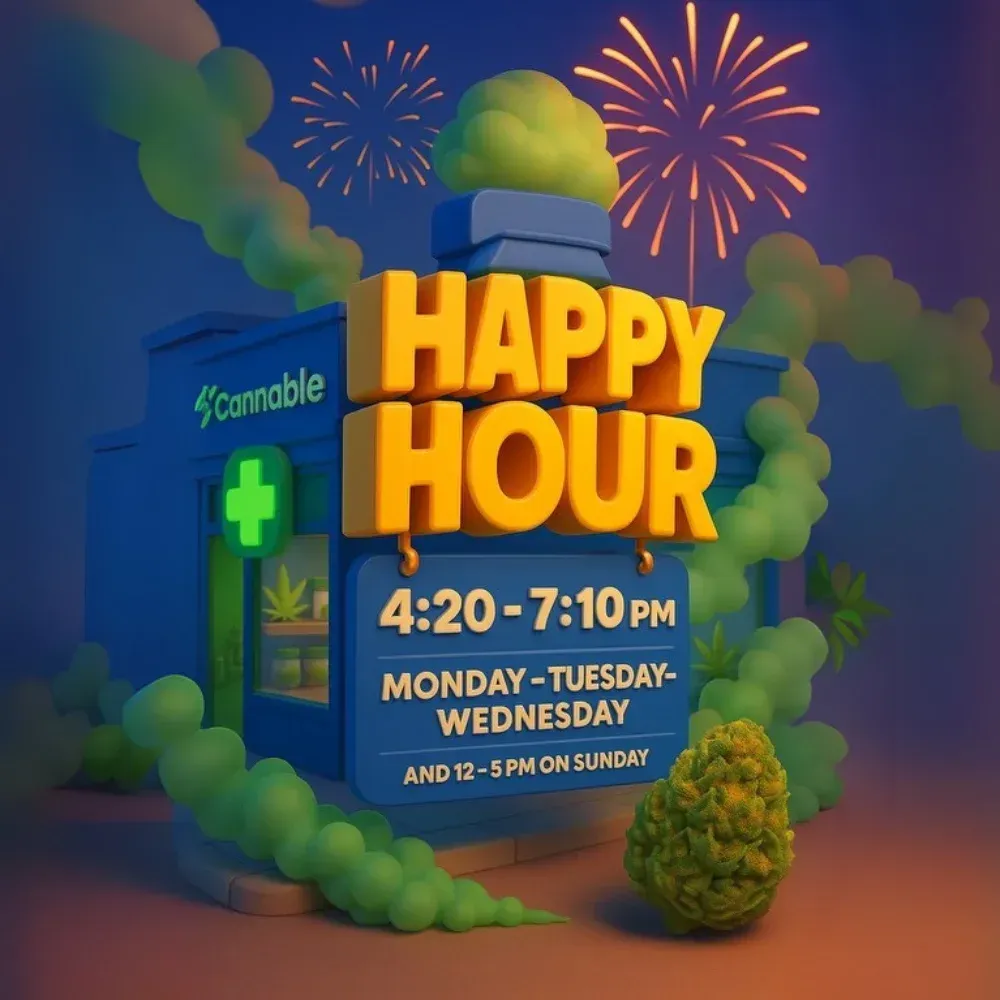 Happy Hour sign with blue pharmacy storefront, green crosses, and fireworks against a purple sky