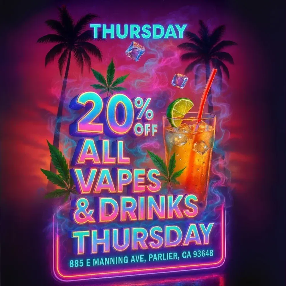 Thursday promo: 20% off all vapes and drinks, neon tropical ad with palm trees and cocktail.